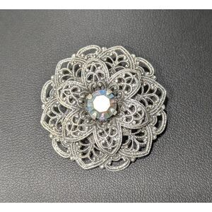 Filigree Layered Round Flower AB Center Brooch
